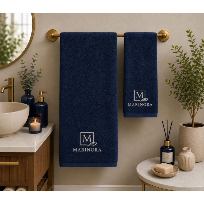 Logolu El ve Banyo Havlusu Takımı Lacivert 50x90cm 70x140cm